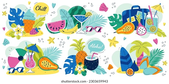 Summer compositions flat illustrations set. Vacations on beach. Fruits, tropical trees and flowers, fresh cocktails. Summer holidays design elements