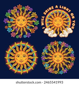 Summer compositions with sun with smiling face, chamomile flowers, text. Groovy, hippie, boho style for clothing, apparel, T-shirts, kids design. Vintage style illustration on dark background