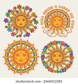 Summer compositions with sun with smiling face, chamomile flowers, text. Groovy, hippie, boho style for clothing, apparel, T-shirts, kids design. Vintage style illustration on white background