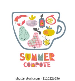 Summer compote. Vector illustration with fruits. Pear, apple, pomegranate, cherry, pepper in cup. Print design.