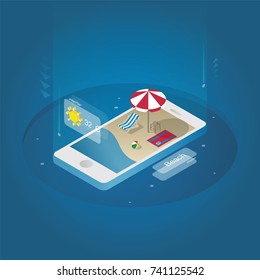 Summer concept 3d isometric with smart phone showing beach scene