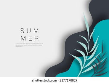 Concepto de verano con onda abstracta y hojas tropicales plantilla de diseño de fondo para portada, afiche y banner web.
