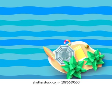 Summer concept with aerial view of beach and island on blue wave ocean background.Paper art vector illustration.
