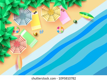 Summer concept with aerial view of colorful umbrella,accessories and coconut trees on the beach.Paper art vector illustration.