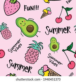 Summer concept avocado, cherry, ice cream, pineapple seamless pattern repeating texture background print design for fabrics, wallpapers etc