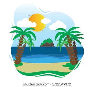 Summer concept background, banner, graphics. Tropical trees, beach, clouds, blue sky and sun flat vector.