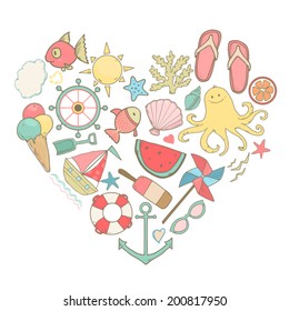 Summer concept background, shape of cute elements. I love you art, vector illustration