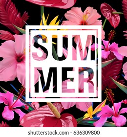 Summer Concept. Summer background with tropical flowers. Template Vector.