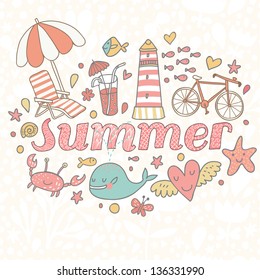 Summer concept background in vector. Cute cartoon set with longue, lighthouse, whale, crab, cocktail, bicycle, heart and fishes