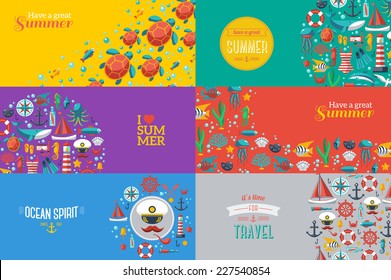 Summer Concept Banners with marine symbols. Vector illustration. Sea leisure sport.