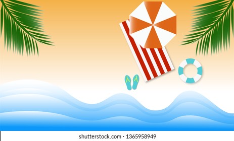 summer concept. beach and sea with ring swim, umbrella top view.flat lay.