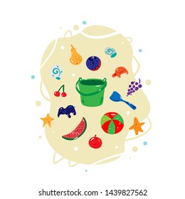 Summer concept. Beach symbols. Sand games. Cartoon style with texture. Vector illustration. Colorful elements isolated on white. Template for banner, poster, flyer, greeting card and etc.