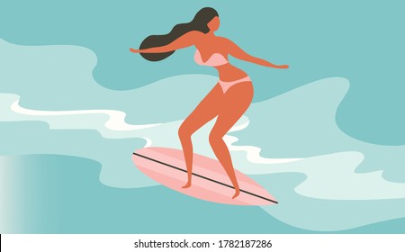 Summer concept. Beautiful bikini girl standing on surf board, surfing on beach in summer day vector illustration. Summer surfing, enjoy summer holidays beach concept background