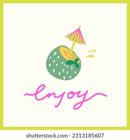 Summer concept card with coconut cocktail. Trendy y2k acid vector design with typography. Enjoy lettering. Great for cards, greeting, stationery, prints and posters