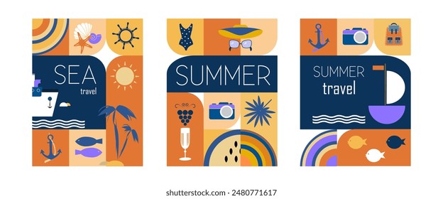 Tarjeta de concepto de verano, impresión o conjunto de póster. Tiempo de verano para vacaciones, viajes. Conjunto de baldosas geométricas con diferentes iconos de verano y Formas abstractas. Ilustración vectorial. 