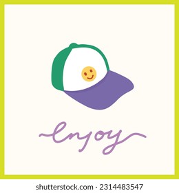 Summer concept card with trendy baseball cap. Y2k groovy vintage vector design with typography. Enjoy lettering. Great for cards, greeting, stationery, prints and posters
