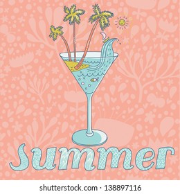 Summer concept card. Vector cocktail with sand, palm and sea on floral background