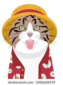 A summer concept with a cat wearing summer clothes and a straw hat, sticking out its tongue, isolated on a white background.