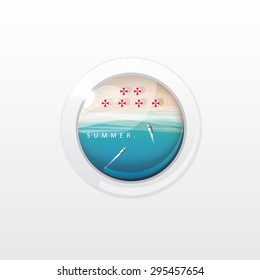 summer concept circular glass badge vector illustration with top view perspective ocean with yacht boats and sandy beach shore with parasols