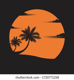 Summer concept. coconut trees on the beach of sunset background. business travel. greeting card. silhouettes of nature and coconut plants. landscape. vector illustration flat style