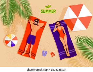 Summer Concept - Couple on the beach top view. Man and Woman sunbathing on beach. Vector illustration