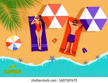 Summer Concept - Couple on the beach top view. Man and Woman sunbathing on beach. vector