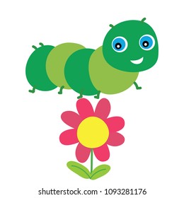 Summer concept. Cute cartoon caterpillar sitting on flower. Cute icon. Cartoon funny character. Smiling face. White background. Isolated. Baby illustration. Flat design.