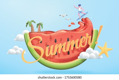 Summer concept, cute character surfing juice wave of tasty watermelon, 3d illustration - Shutterstock ID 1753600580