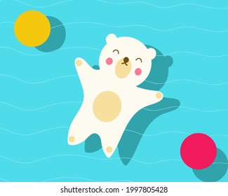 Summer Concept: Cute white bear with smile in the water, cartoon vector style for your design.	