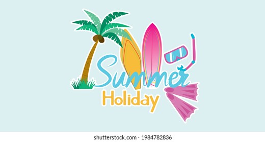 Concepto de verano decorativo Caligrafía. Diseño de eventos de verano con árbol de coco, tabla de surf, submarinismo Scuba y textos decorativos. Etiqueta de decoración de diseño de verano, ilustración vectorial.