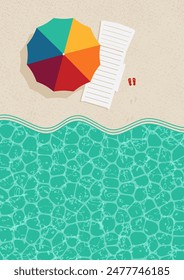 Summer concept design with beach umbrella on beach, vector illustration