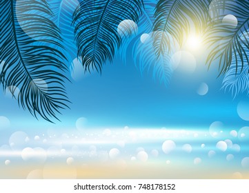 Summer concept design of coconut leaves on sea background with sunlight vector illustration
