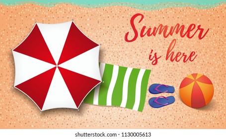 Summer concept design. Top view on sea beach, step-ins, towel and a large inflatable ball. Summer is here. Vector illustration