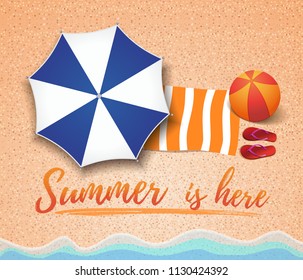Summer concept design. Top view on sea beach, step-ins, towel and a large inflatable ball. Summer is here. Vector illustration