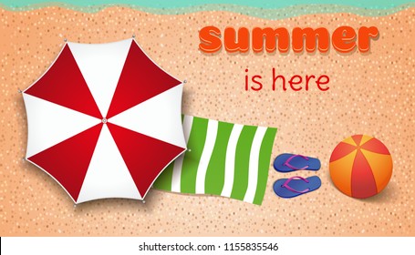 Summer concept design. Top view on sea beach, step-ins, towel and a large inflatable ball. Summer is here. Vector illustration