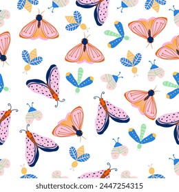 summer concept design.background design for fabric, clothing, cover book, kids.bugs pattern.colourful butterfly  and insects .pink butterfly.