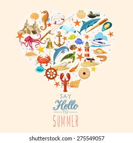 Summer concept. Elements arrange in the form of heart. Vector illustration. Marine symbols. Sea leisure sport. Summer time