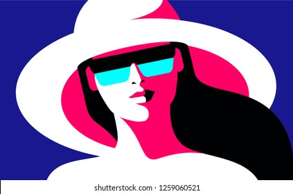 Summer concept, female close-up portrait. Abstract woman wearing big hat and sunglasses. Vector illustration