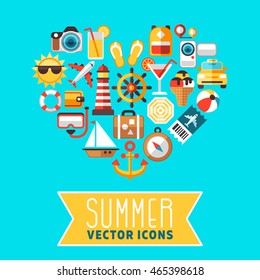 Summer concept with flat beach vector icons in heart form