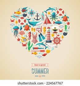 Summer concept. Flat icons arrange in the form of heart. Vector illustration. Marine symbols. Sea leisure sport.