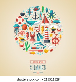 Summer concept. Flat icons in circle. Vector illustration. Marine symbols. Sea leisure sport.