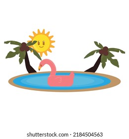 summer concept in flat vector style, sun in cartoon style with happy expression.