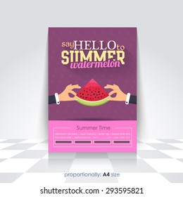 Summer Concept Flyer, Brochure Design Template. Watermelon Hold Hands Illustration