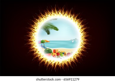 Summer concept. Fruits and beverages on the beach