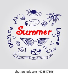 Summer concept with hand draw design style. Summer background. Modern sketch style illustration for web banners, brochure and flyers. Pen drawing. Vector illustration
