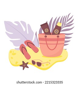 Summer concept. Hat, flip flops, sunglasses, beach bag, sunscreen. Vector illustration