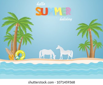 SUMMER concept with Horses on the Island and surfboard,Sandals,Life ring, Snorkel and Paddle under the coconut trees in the spring season,vector and illustration.