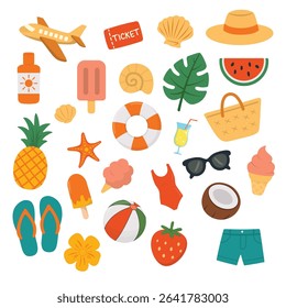 Summer concept icons set flat vector illustration vacation concept featuring airplane, ticket, pineapple, sunglasses, ice cream, beach ball, and more, perfect for travel and beach designs