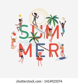 Summer concept illustration with beach resort people enjoying waterside activities, beach sports and games. Summer season banner or poster template