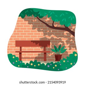 Summer Concept Illustration with Bench in Garden.